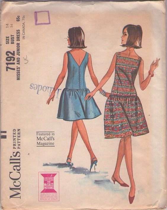 McCall's 7192 Vintage 60's Sewing Pattern Mod Summer Dress, V Back, Long Drop Waist Size 14