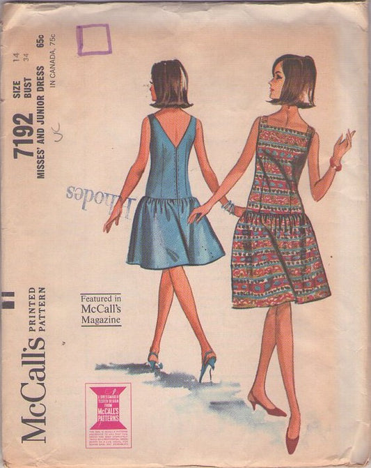 McCall's 7192 Vintage 60's Sewing Pattern Mod Summer Dress, V Back, Long Drop Waist Size 14