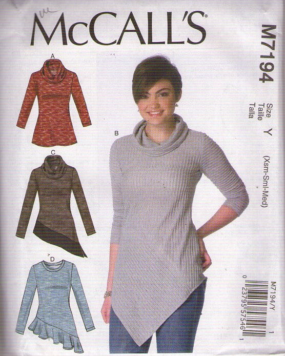McCall's 7194 Retro 2015 Sewing Pattern Sweater Top Set, Asymmetrical Hem Shirt, 4 Styles Size XS-M
