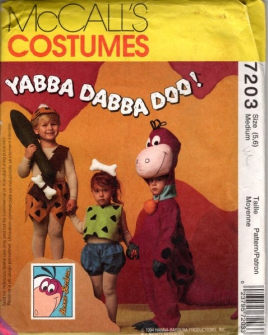 McCall's 7203 Vintage 90's Sewing Pattern Kids' Flintstones Costumes, Yabba Dabba Do, Pebbles, Bam Bam, Dino the Dinosaur Size M 5-6