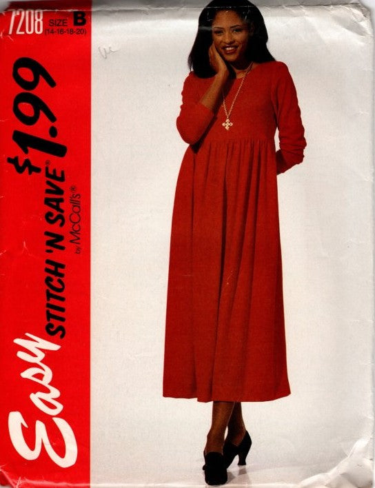 McCall's 7208 Vintage 90's Sewing Pattern Easy Modest Dress, Stitch N Save, High Waist, Modest, Size 14-20