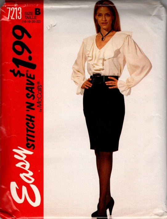 McCall's 7213 Vintage 90's Sewing Pattern Easy Ruffle Flounced Pirate Blouse, Slim Sheath Skirt, Stitch N Save Size 16-22
