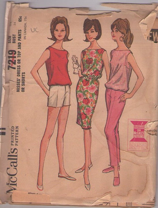 McCall's 7219 Vintage 60's Sewing Pattern Rockabilly Separates, Mix & Match Blouson Bateau Neck Drawstring Blouse, Slim Sheath Dress, Shorts & Tapered Cigarette Pants Size 14