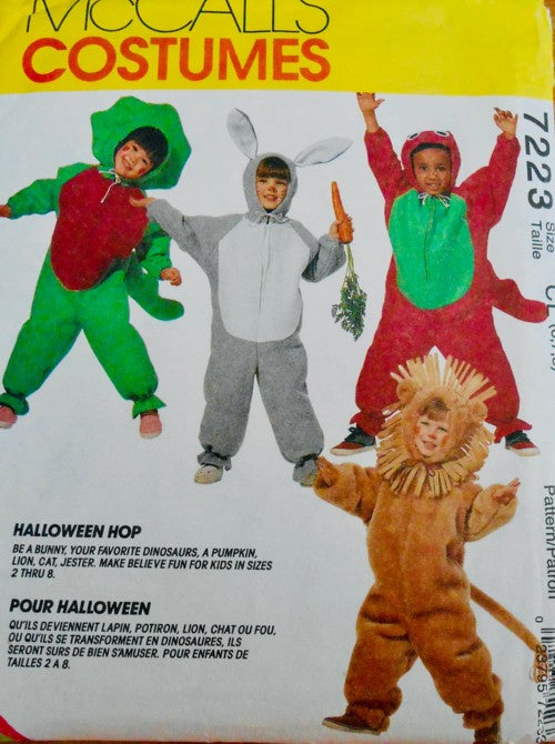 McCall's 7223 Retro 90's Sewing Pattern Animal Costumes, Halloween Hop Bugs Bunny Rabbit, Barney & Baby Bop Dinosaur, Fringed Cowardly Lion, Jester, Bear, Pumpkin Jumpsuits & Hoods Size 6-8 UNCUT