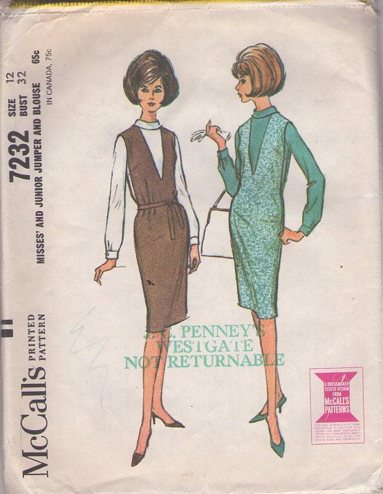 McCall's 7232 Vintage 60's Sewing Pattern Secretary Jumpers, Mrs. Maisel, Mad Men, Deep Plunging V Neck & Armholes Jumper Dress, Roll Collar Blouse Size 12