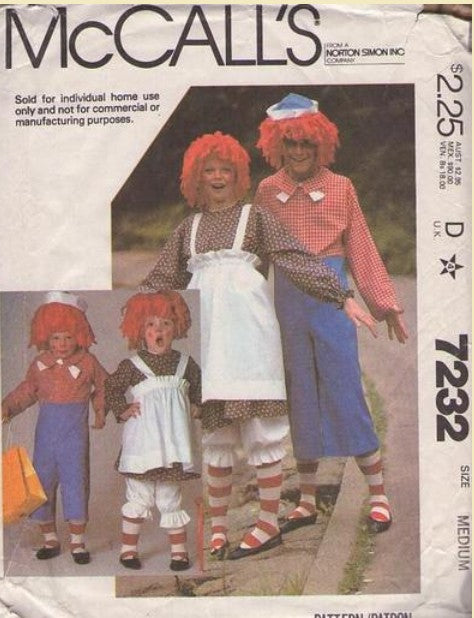 McCall's 7232 Vintage 80's Sewing Pattern Character Costumes, Couples' Halloween Costumes Raggedy Ann & Andy Jumpsuit, Dress, Pinafore Apron, Bloomers & Yarn Hair Wigs Adult Medium