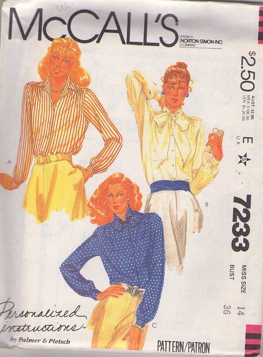 McCall's 7233 Vintage 80's Sewing Pattern Classic Shirts, Secretary Dress Blouse Set, Pointed or Tie Bow Collar Size 10