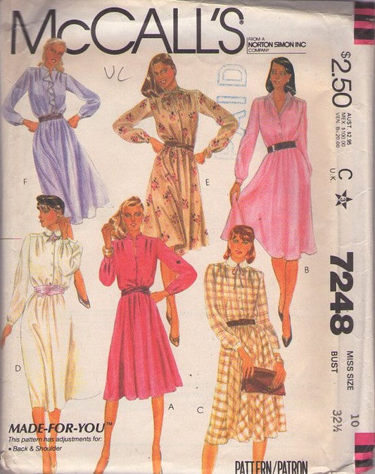 McCall's 7248 Vintage 80's Sewing Pattern Shirtwaist Dresses, Made for You, Collar Choice, Flared Skirt Size 10 UNCUT