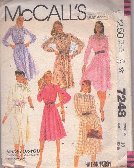 McCall's 7248 Vintage 80's Sewing Pattern Shirtwaist Dresses, Made for You, Collar Choice, Flared Skirt Size 10 CUT
