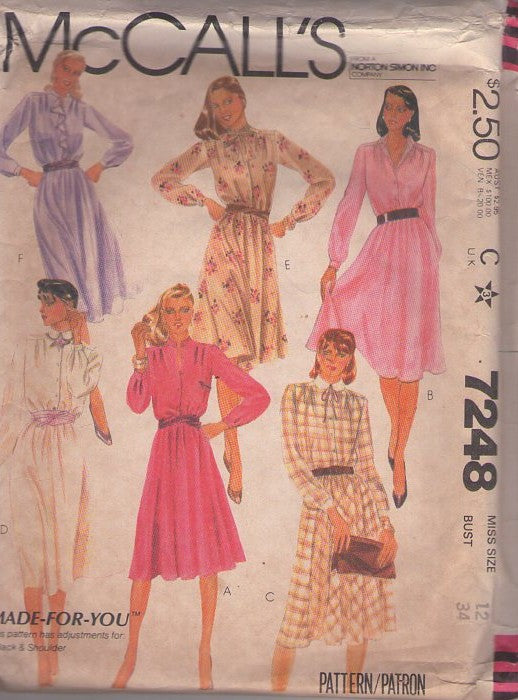 McCall's 7248 Vintage 80's Sewing Pattern Shirtwaist Dresses, Made for You, Collar Choice, Flared Skirt Size 12