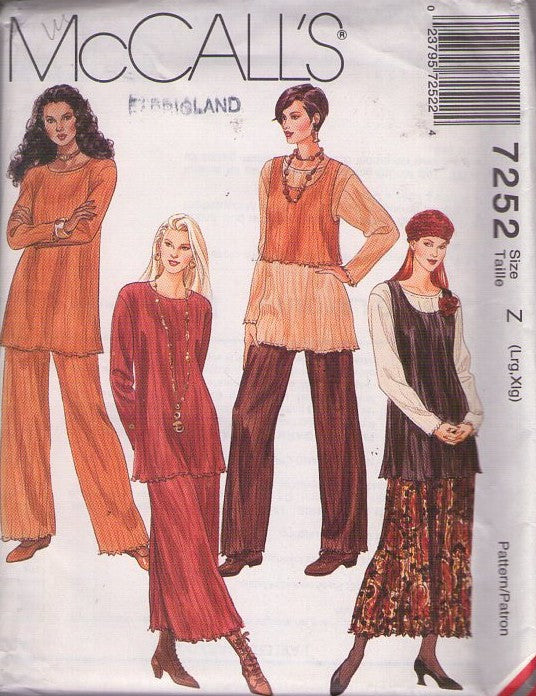 McCall's 7252 Retro 90's Sewing Pattern Boho Separates, Broomstick Crinkling, Tank Top, Tunic Blouse, Crinkle Skirt, Lounge Pants Size L-XL