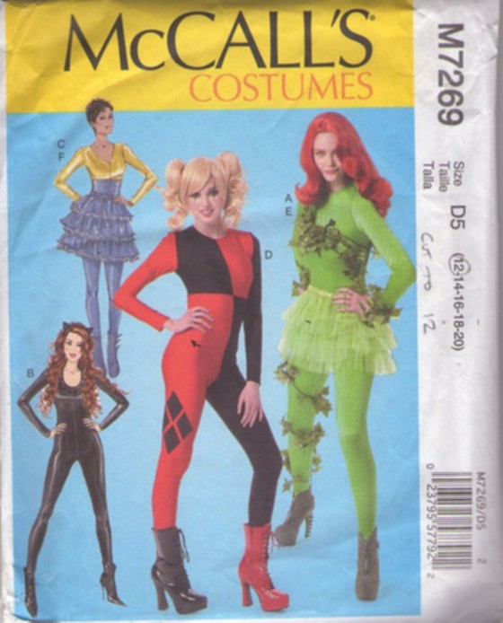 McCall's 7269 Retro 2015 Sewing Pattern Cosplay Costumes, D.C. Villains, Joker, Harley Quinn, Poison Ivy, Cat Woman Catsuit, Tutu Skirt Petticoat Size 12 CUT