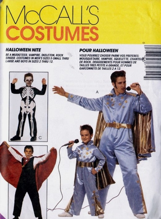 McCall's 7282 Retro 90's Sewing Pattern Character Costumes, Retro Elvis Presley, King of Las Vegas Jumpsuit, Cape, Vampire, Skeleton Halloween Costume Set Size CHILD 3-4