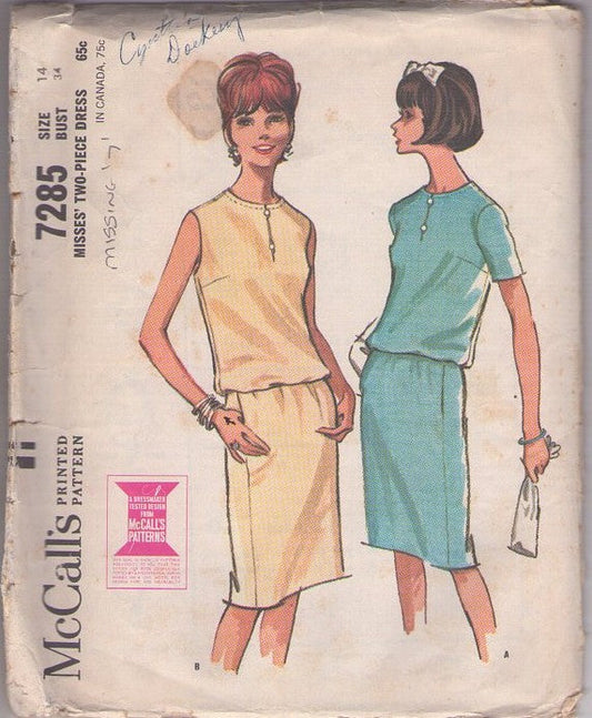 McCall's 7285 Vintage 60's Sewing Pattern Mod Separates, Easy Two Piece Dress, Blouson Top Blouse, Slim Skirt with Hidden Front Pockets Size 14