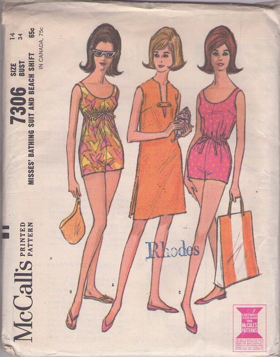 McCall's 7306 Vintage 60's Sewing Pattern Mod Swimsuit Set, Shift Beach Dress, Drawstring Styles, Scoop Neck, Boy Shorts Leg Size 14