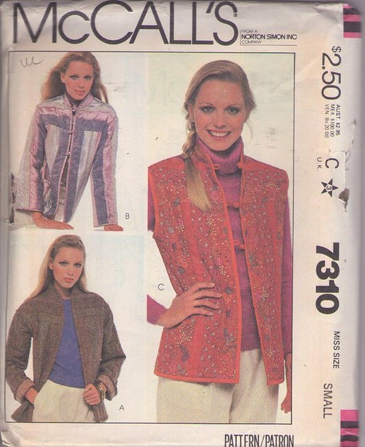 McCall's 7310 Vintage 80's Sewing Pattern Boho Reversible Jacket, Vest Set, Quilted, Wearable Art, 3 Styles Size S