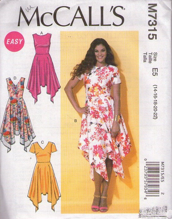 McCall's 7315 Retro 2016 Sewing Pattern Easy Summer Dress, Hi Lo Handkerchief Hem, 4 Styles Size 14-22