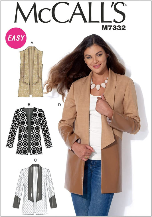 McCall's 7332 Retro 2016 Sewing Pattern Vest and Jackets, Easy To Sew, Flat Long Shawl Collar Jacket, Tuxedo Lounge Style Size XS-M