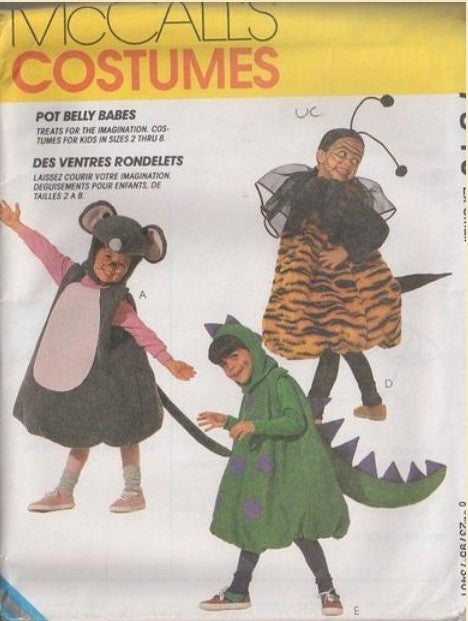 McCall's 7340 Retro 90's Sewing Pattern Pot Belly Animal Costumes, Toddler Boys' or Girl's Pot Belly Babes Stuffed Faux Fur Costumes, Mouse, Bee, Dinosaur, Train Conductor, Lion, Pumpkin Size 3-4