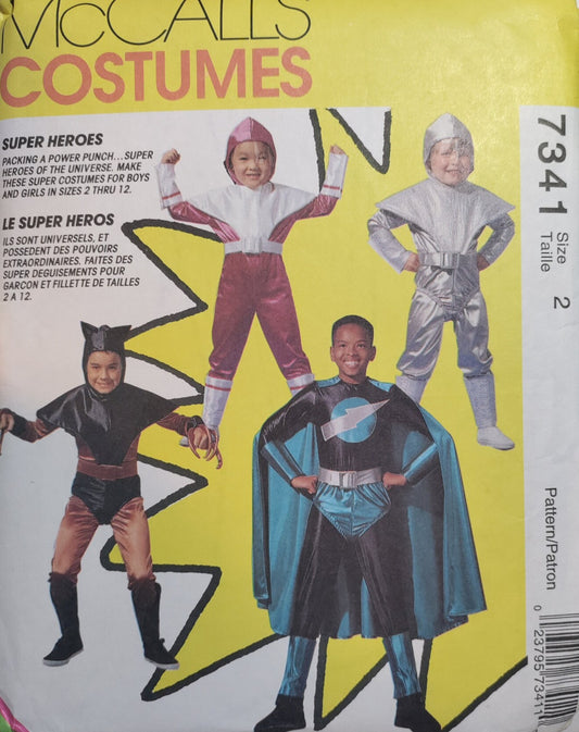 McCall's 7341 Retro 90's Sewing Pattern Superhero Costumes, Boys' & Girl's Super Hero Jumpsuit, Cape, Hood Hats for Wolverine, Flash Gordon, Superman, Iron Man, Alien Size 2