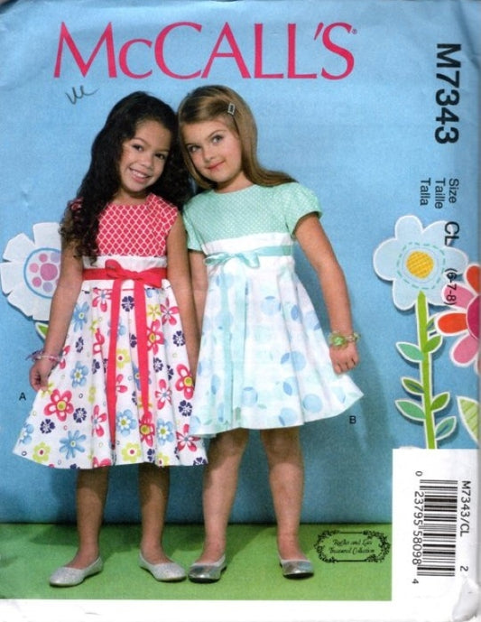 McCall's 7343 Retro 2016 Sewing Pattern Girls' Modest Party Dress, Ruffles & Lace Collection, Wide Midriff Band, Party Styles Size 6-8