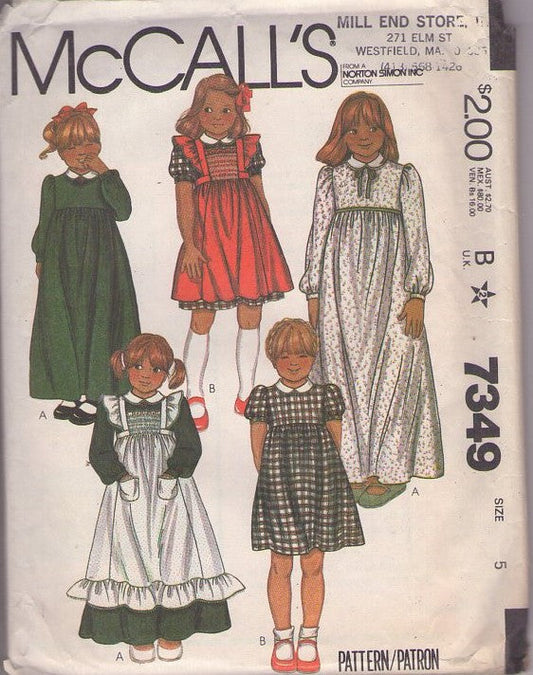 McCall's 7349 Vintage 80's Sewing Pattern Girls' Dresses, Cottagecore Farmcore Modest High Empire Waist Dress, Pinafore Apron Jumper, Tatting & Smocking Trim Size 5
