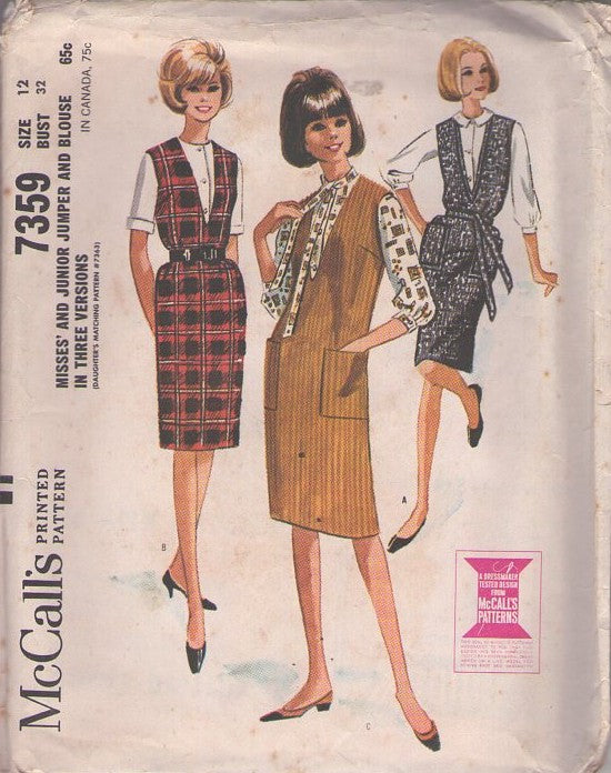 McCall's 7359 Vintage 60's Sewing Pattern Mod Jumpers, Mad Men Deep Plunging V Neck Jumper Dress, Collar Choice Blouse Size 12