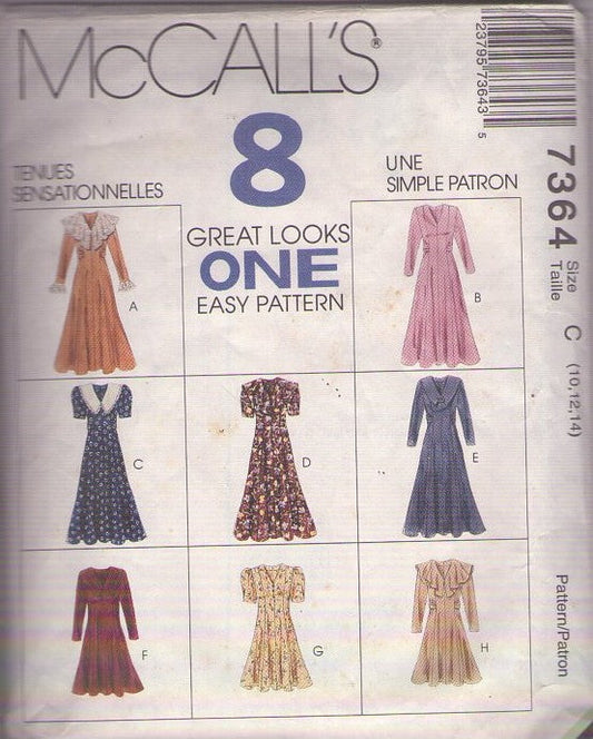 McCall's 7364 Vintage 90's Sewing Pattern Modest Dress Set, 8 Great Looks, Cottagecore, Garden Party, Ruffles, Collars, Sleeve Choices Size 10-14