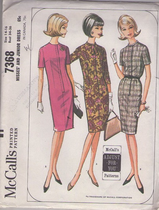 McCall's 7368 Vintage 60's Sewing Pattern Mod Dresses, Front Band, Back Zip Dart Fitted Day Dress Set, 2 Styles Size 14-16