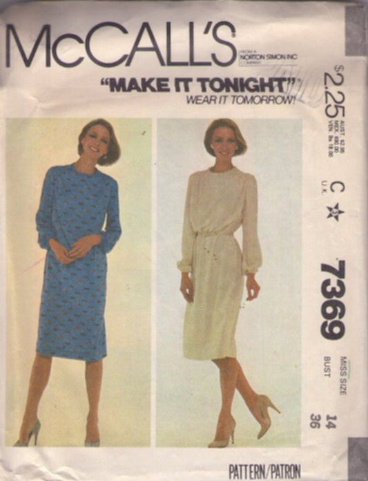 McCall's 7369 Vintage 80's Sewing Pattern Easy Dress, Make It Tonight, Wear It Tomorrow Straight Fit or Blouson Bodice Secretary Day Dress 2 Styles Size 14