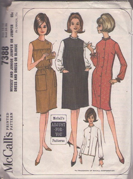 McCall's 7388 Vintage 60's Sewing Pattern Secretary Jumper, Dress, Shirtdress, Blouse, Mix & Match Size 14-16