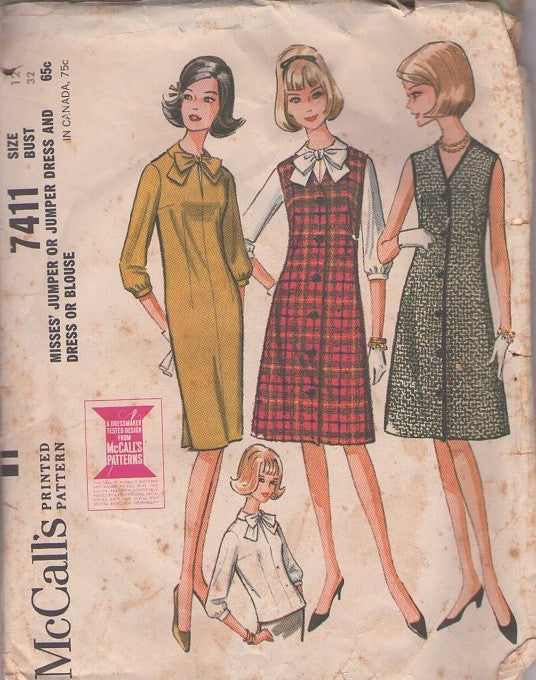 McCall's 7411 Vintage 60's Sewing Pattern Mod Dress, Blouse, Secretary Tie Collar Shirt, Sheath Slim Dress, Fit & Flared Jumper, Overdress Size 12