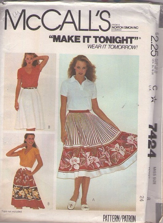 McCall's 7424 Vintage 80's Sewing Pattern Gypsy Skirts, 80s Does 50s, Full Circle Border Print Fabric Skirt, Pleated Summer Festival Skirt Size 8