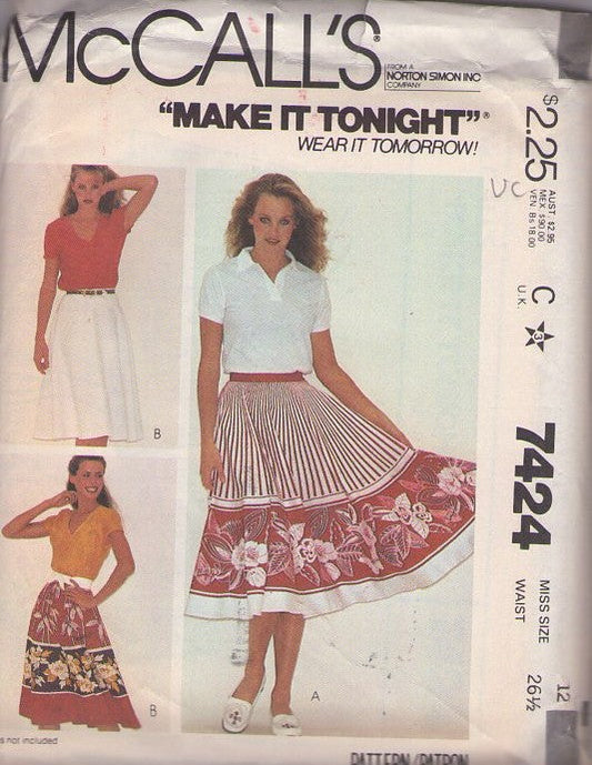 McCall's 7424 Vintage 80's Sewing Pattern Gypsy Skirts, 80s Does 50s, Full Circle Border Print Fabric Skirt, Pleated Summer Festival Skirt Size 12