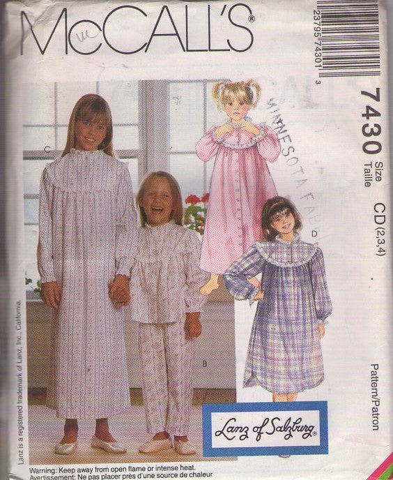 McCall's 7430 Vintage 90's Sewing Pattern Girl's Modest Nightgown, Pajamas, Lanz of Salzburg Sleepwear Size 2-4