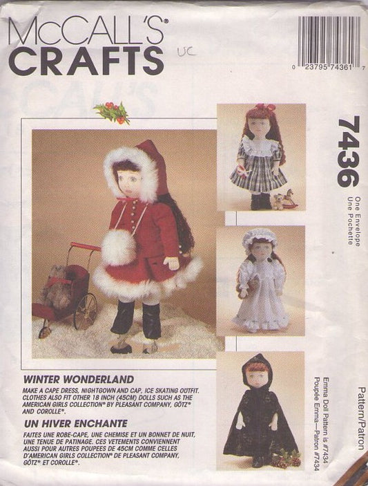 McCall's 7436 Vintage 90's Sewing Pattern Doll Clothes, Winter Wonderland American Girls, Gotz, Corolle 18" Victorian Doll Clothing Wardrobe, Cape Dress, Nightgown, Cap, Ice Skater Costume & Dress
