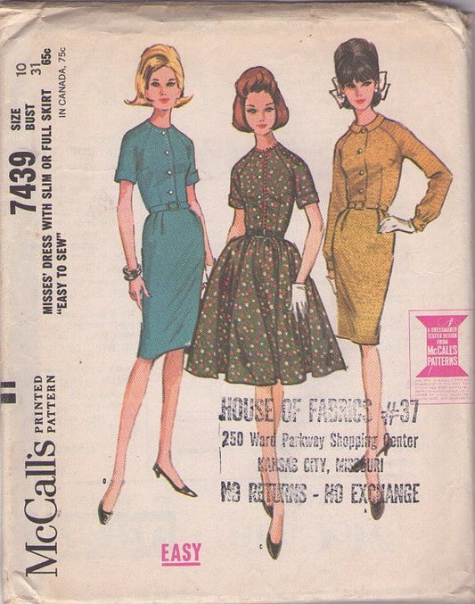McCall's 7439 Vintage 60's Sewing Pattern Easy Dress Set, Mad Men Raglan Sleeve Shirtwaist Day Dress Set, 3 Styles, Sheath or Gathered Full Skirt Size 10