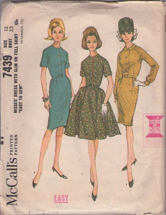 McCall's 7439 Vintage 60's Sewing Pattern Easy Dress Set, Mad Men Raglan Sleeve Shirtwaist Day Dress Set, 3 Styles, Sheath or Gathered Full Skirt Size 12