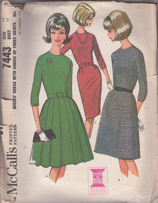 McCall's 7443 Vintage 60's Sewing Pattern Day Dresses, Classic Simple Look Rockabilly Mrs. Maisel Slim, A-Line or Pleated Skirt Day Dress Size 14
