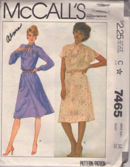 McCall's 7465 Vintage 80's Sewing Pattern Modest Dresses, Secretary Flutter or Long Sleeve Blouson Dress 2 Styles Size 14
