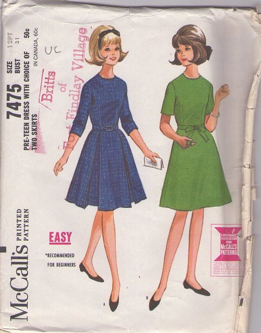 McCall's 7475 Vintage 60's Sewing Pattern Easy Petite Dress, Rockabilly Hairspray, 2 Styles Size 12PT