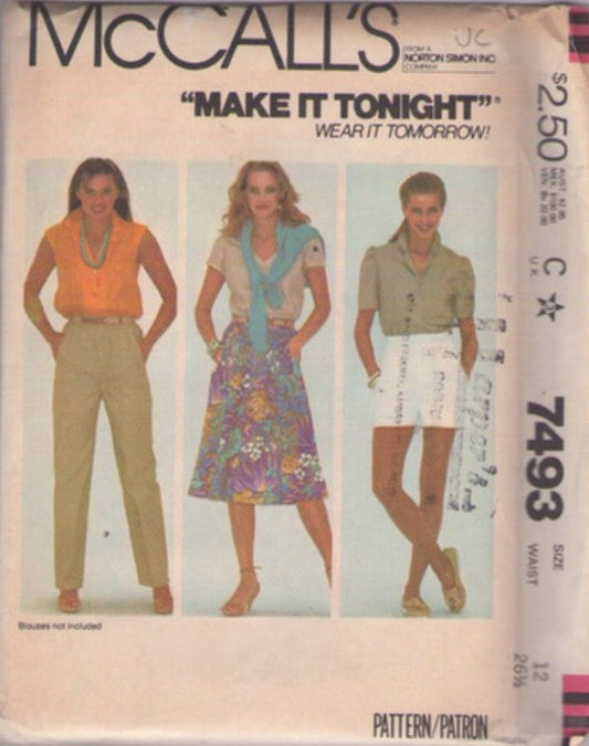 McCall's 7493 Vintage 80's Sewing Pattern Easy Bottoms, Make It Tonight, Wear It Tomorrow Tapered Slacks, A-Line Skirt, Shorts, High Waist 3 Styles Size 12