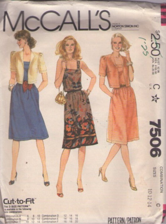 McCall's 7506 Vintage 80's Sewing Pattern Square Neck Dress, Blouson Summer Sundress, Dress, Wing Collar Cropped Jacket Cover Up Size 10-14