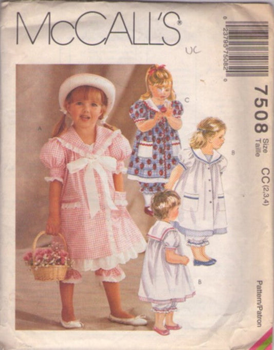 McCall's 7508 Vintage 90's Sewing Pattern Girls' Dress, Pantaloons, Nautical, Sailor Collar Old Fashioned Modest Victorian Look Dress & Pantaloons Bloomers Bottoms Size 2-4