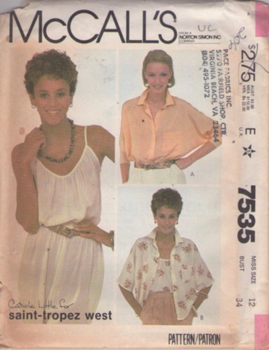 McCall's 7535 Vintage 80's Sewing Pattern Blouse Set, Carole Little Saint Tropez West Low Cut Sheer Gauze Summer Camisole Top, Batwing Blouse Cover Up Shirt Size 12