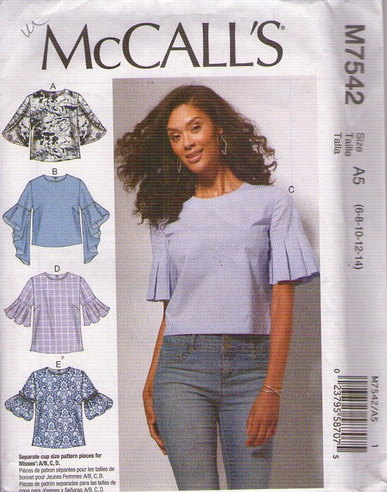 McCall's 7542 Retro 2017 Sewing Pattern Pullover Blouse, Top Set, Ruffles or Slit Sleeves, 5 Styles Size 6-14