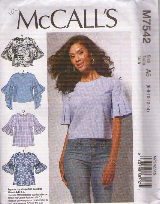McCall's 7542 Retro 2017 Sewing Pattern Pullover Blouse, Top Set, Ruffles or Slit Sleeves, 5 Styles Size 6-14