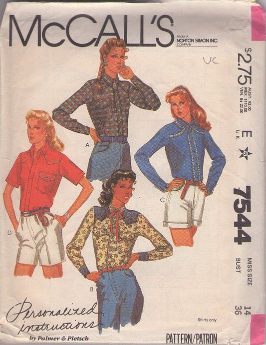 McCall's 7544 Vintage 80's Sewing Pattern Slim Shirts, Button or Snap Fastened Cowboy Western Shirt Set Size 14