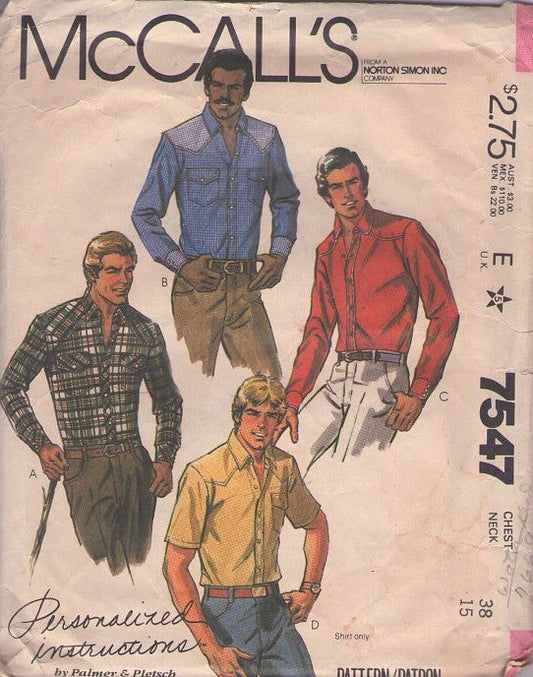 McCall's 7547 Vintage 80's Sewing Pattern Men's Shirts, Big & Tall, Yoked Western Cowboy Shirt, Casual Body Shirt Set 4 Styles Size 44 L XL