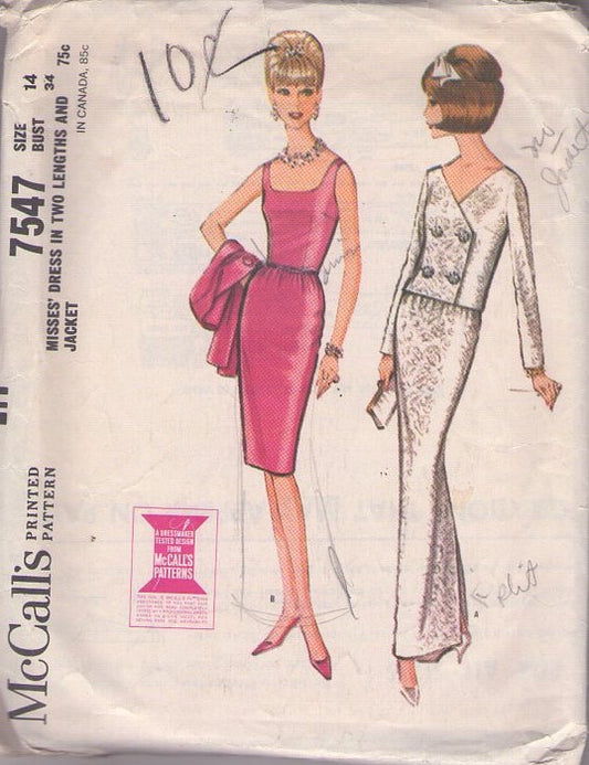McCall's 7547 Vintage 60's Sewing Pattern Rockabilly Dress, Jacket, Evening or Wedding Gown, Double Breasted Cover Up Size 14